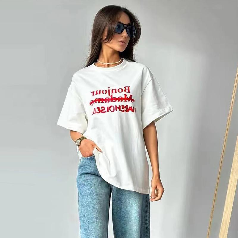 Футболка с принтом Simplicity Letter, хлопковая, женская, летняя, белая, свободная, с коротким рукавом и круглым вырезом, повседневная, базовая женская одежда