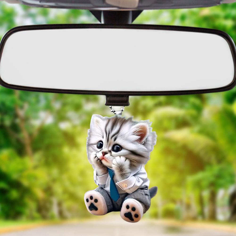 Car Pendant Hanging Ornament With Chain Realistic Animal Cat-Shaped Rearview Mirror Hanging Decor Car Interior Accessories