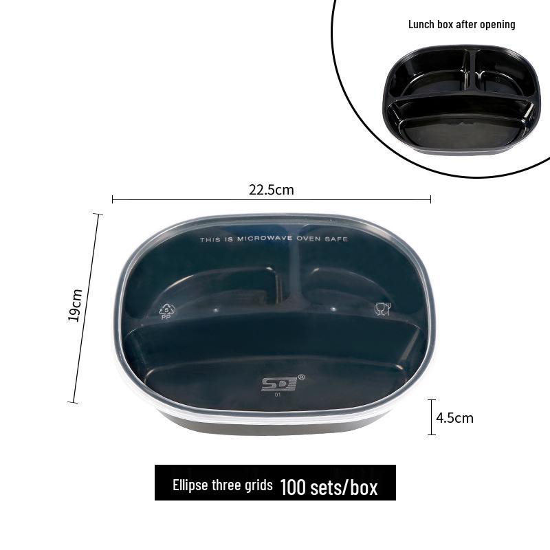 European & American Round Three-Compartment Disposable Lunch Box, Thickened Transparent Black Container for Takeaway Packaging