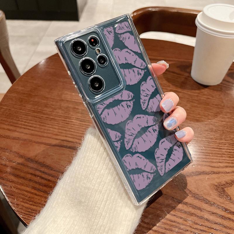 Противоударный силиконовый чехол для телефона Samsung S24 S23 Ultra S22 S21 Plus S20 FE A55 A54 A53 A52 A35 A34 A14, мягкий прозрачный чехол с цветным рисунком губ