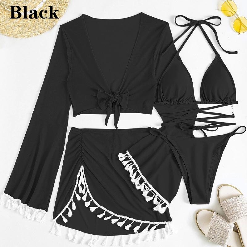 New Women's Split Four Piece Bikini Swimsuit Sexy Solid Lace Up Bikini Elegant Tassel Long Sleeve Fresh Beach Bikini