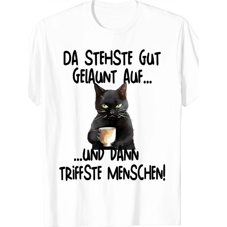 Unisex Cotton T-Shirt with Grumpy Black Cat Holding Coffee Mug and German Text, Short Sleeve Crew Neck Casual Wear for Cat Lovers