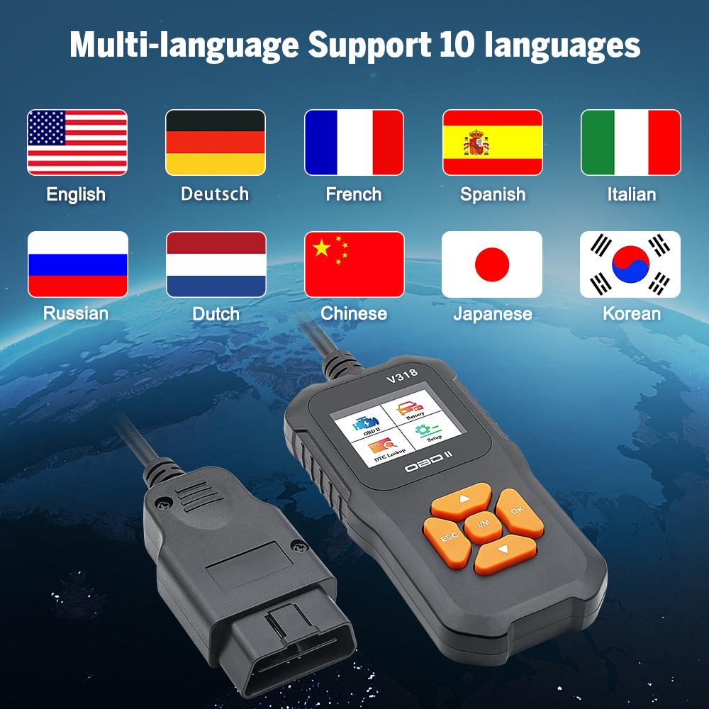 V318 OBD Code Reader Автоматический сканер с цветным экраном, 10 языками и 9 протоколами для обнаружения неисправностей