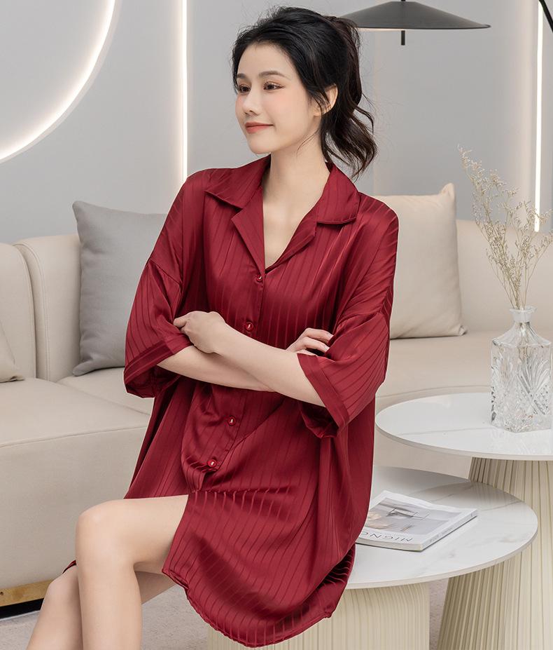 Ice Silk Jacquard Shirt Dress Nightdress: 2024 Spring/Autumn Collection
