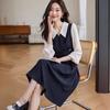 Fake Two-piece Dress for Women In Autumn Style Elegant Contrasting Color Long-sleeved Shirt Skirt Design Sense