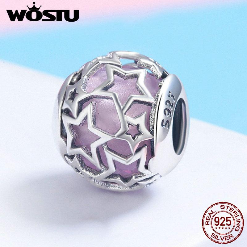 WOSTU 925 Sterling Silver 4 Colors Shimmering Star Openwork Blue Crystal Beads fit original Charm Bracelets Fine Jewelry CQC411