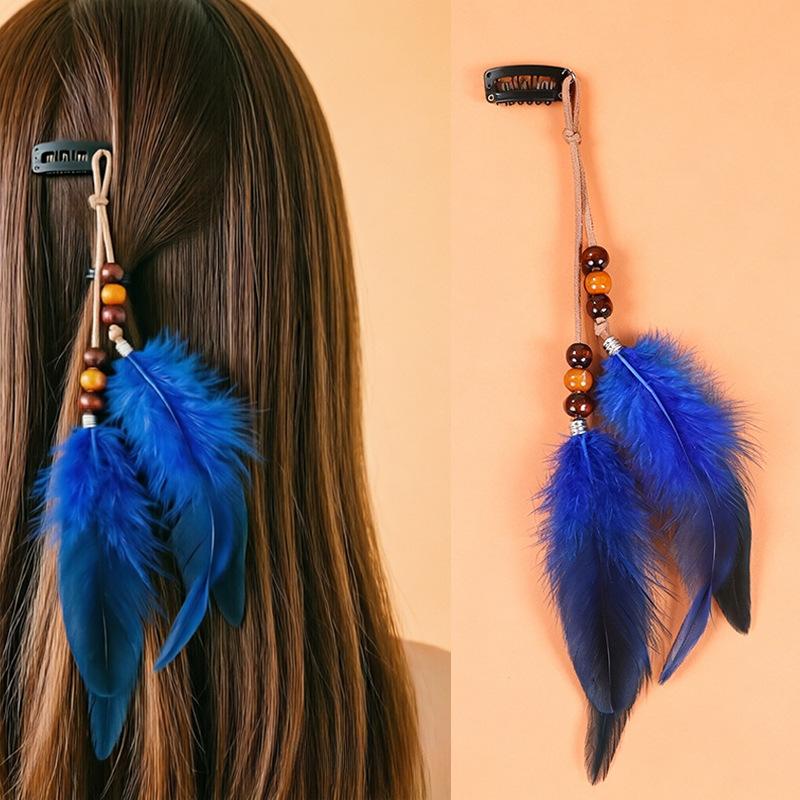 Vintage Feather Hair Accessory, Long Bohemian Fringe Headband With Beads, Handmade Festival Hair Clip For Women