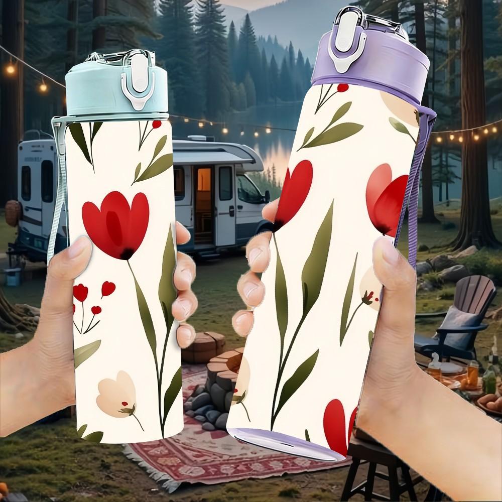 1PC Deep Red Tulip Floral Repeat Background Print 750ml Color Plastic Sports Water Bottle Leakproof Flip Straw Lid Suitable for Sports Office Home Use