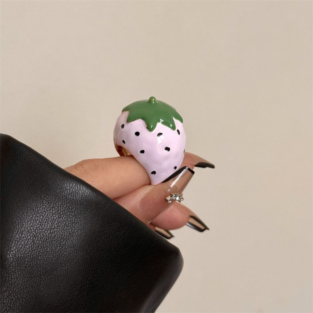 Strawberry Painting Ring Geometric Fruit Enamel Ring Unique Drip Oil Ring Men