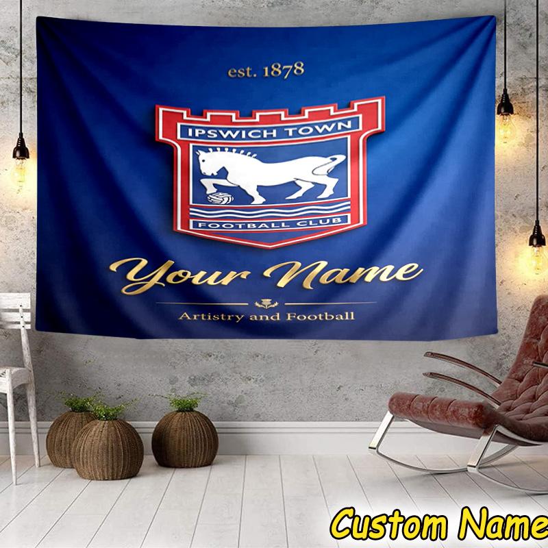 Custom Name Ipswich Town Football Club Crest Tapestry Room Decoration Wall Hanging for Living Room Bedroom, dormitory, Birthday and Christmas gifts
