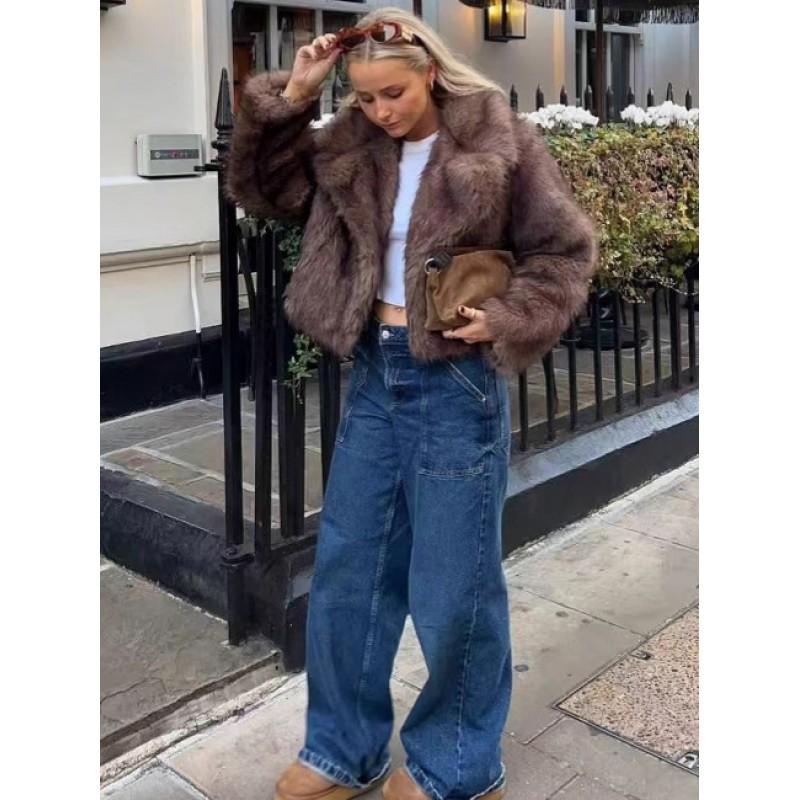 Womens Faux Fur Short Coat With Turn-Down Collar Eco-Friendly Winter Outerwear In Gray Brown White-Purple Tips