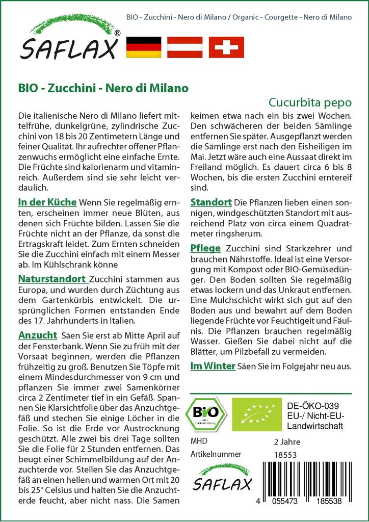 SAFLAX Сад в пакете - Органический - Кабачок - Неро ди Милано - 6 семян - С субстратом в подходящем стоячем пакете - Cucurbita pepo
