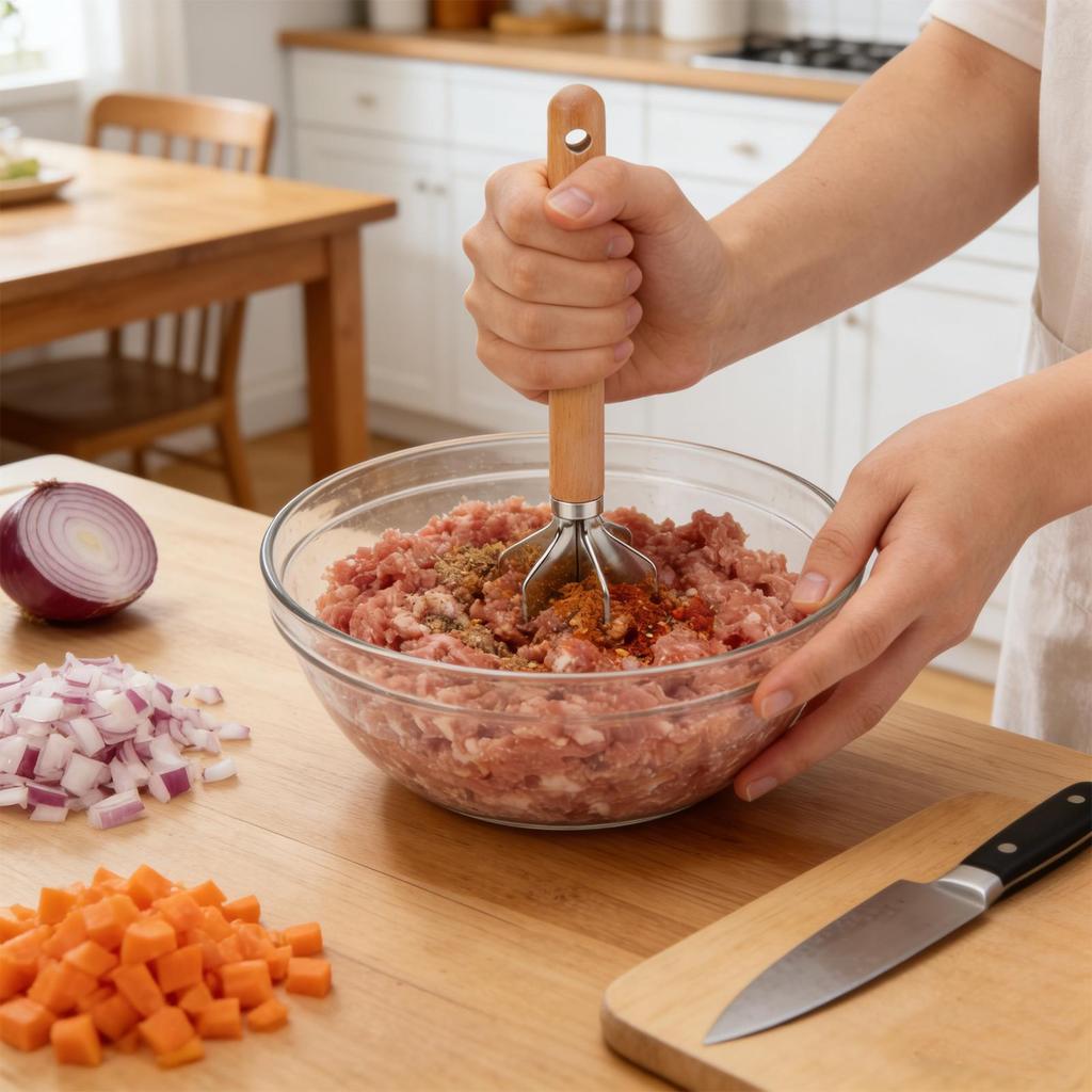 Измельчитель фарша Измельчитель продуктов с деревянной ручкой Антипригарный Давилка для продуктов для мяса овощей картофеля курицы говядины орехов Кухонный