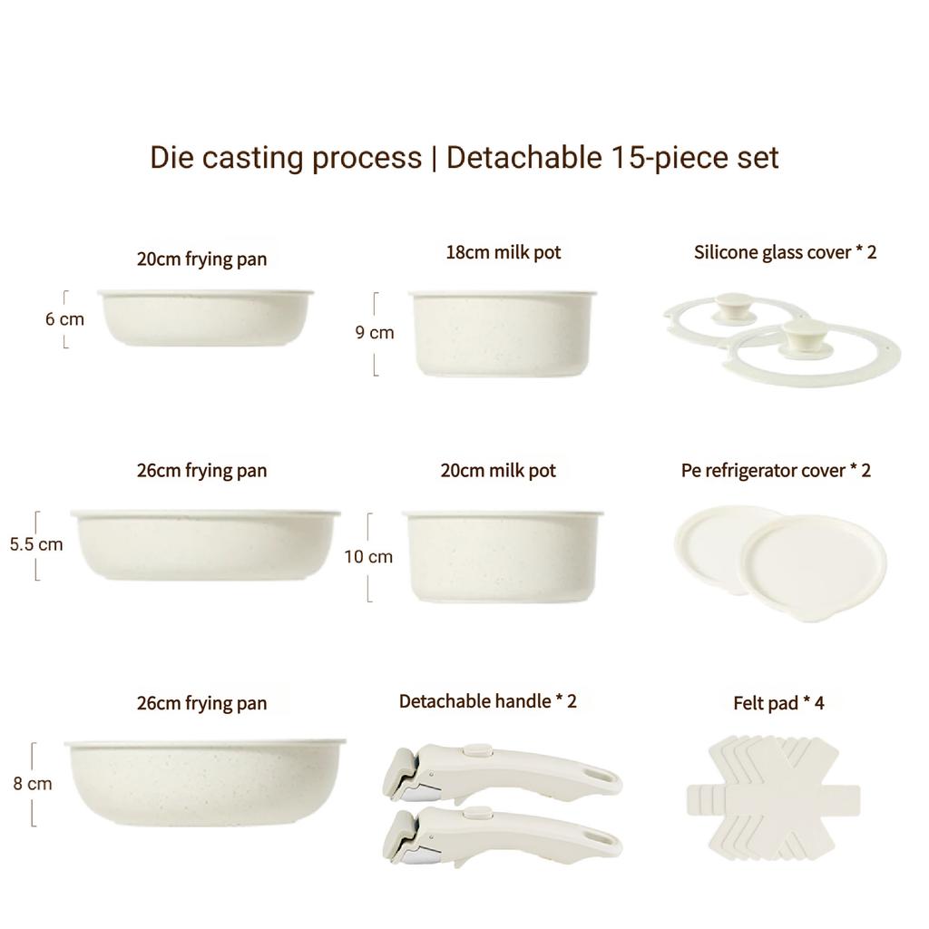 Съемная ручка Набор посуды Гранитное покрытие Антипригарные кастрюли Кастрюля для молока Сковорода Сотейник Компактный кухонный набор Штабелируемое хранение Индукционная плита Кастрюля