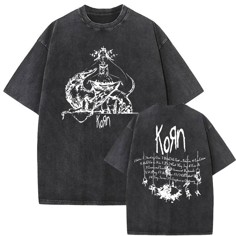 Washed Vintage Korn Music Concert Rock Band WORLD TOUR T Shirts Men Women Vintage Black Gothic T-shirts Short Sleeve