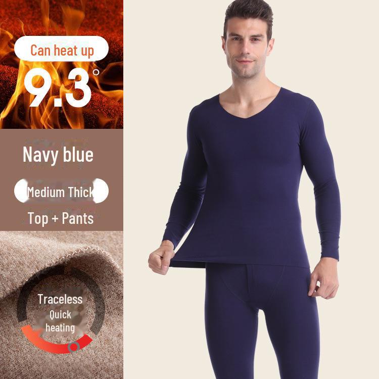 Мужской бесшовный комплект термобелья с V-образным вырезом - утолщенный бархат на осень/зиму 2023 г.