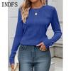INDFS Женская мода Повседневный однотонный принт Весна Осень Длинные рукава О-образный вырез Пуловеры и длинные рукава
