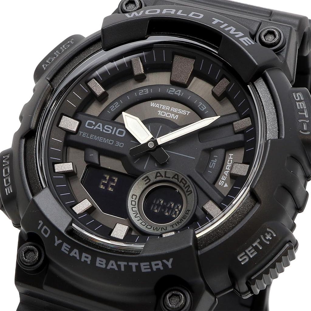 Casio Кварцевые часы с мировым временем и черным инвертированным ЖК-дисплеем, зарубежная модель AEQ-110W-1BV, мужские, аналогово-цифровой дисплей, черный, [Б/У]