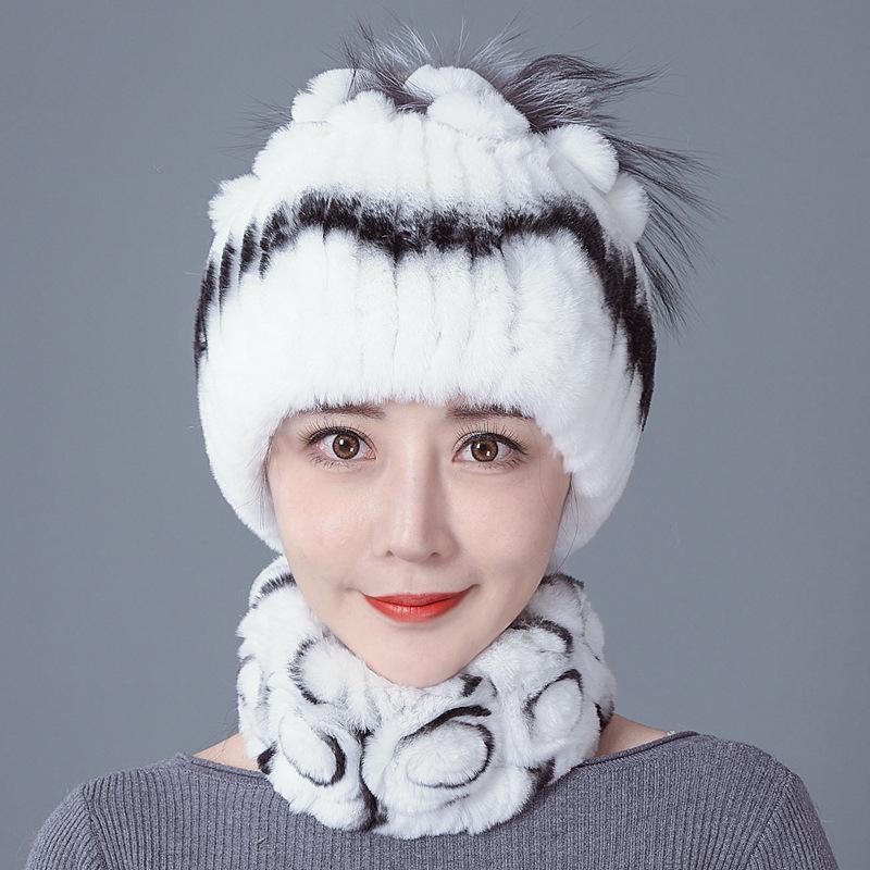 Шапка из меха кролика, женская зимняя мода, универсальная, теплая, зимняя защита для ушей, шарф из меха кролика Рекс, комплект из двух предметов, меховой костюм из меха