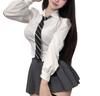 QOOLY High School Uniform Set for Perfect for Pleated and Long Sleeve Perfect for Entrance and All Grey 3-Piece Girls, Cosplay, Skirt, Tie, Shirt.
