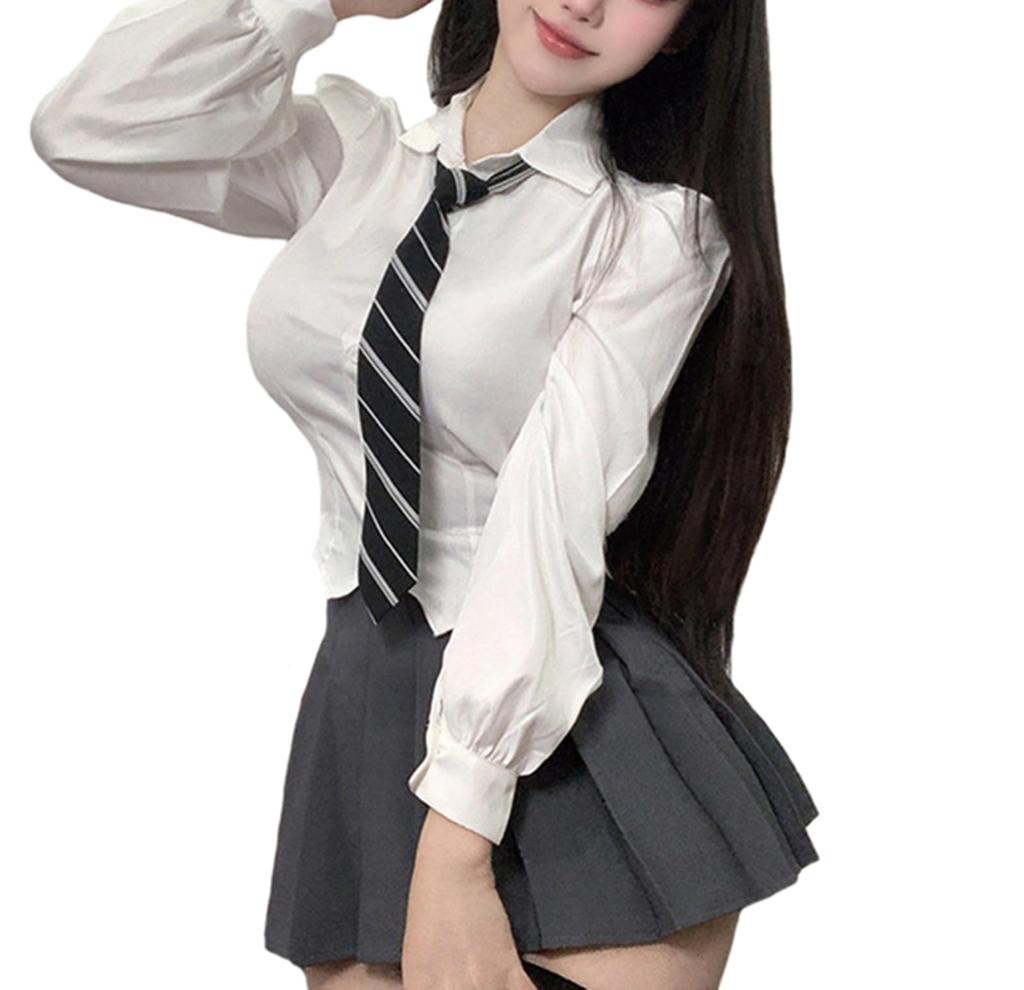 QOOLY High School Uniform Set for Perfect for Pleated and Long Sleeve Perfect for Entrance and All Grey 3-Piece Girls, Cosplay, Skirt, Tie, Shirt.