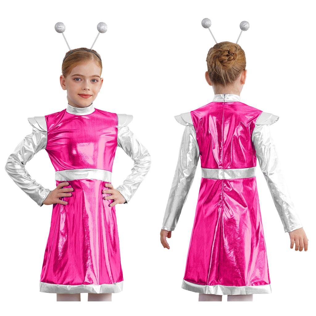 Костюм для косплея пришельцев для маленьких девочек, костюм милашки из космоса, металлическое платье с обручем для волос, наряд астронавта на Хэллоуин