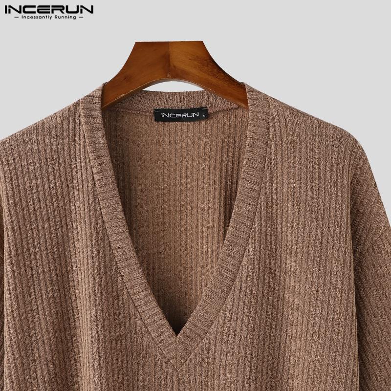 INCERUN Мужские повседневные трикотажные топы с глубоким V-образным вырезом и длинным рукавом