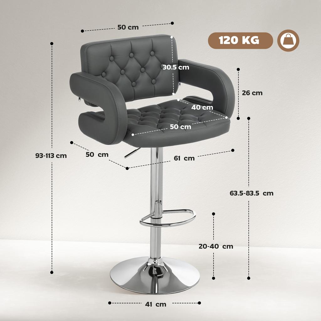 Adjustable Bar Stool. Extra Large Swivel PU Leather Seat. Gray