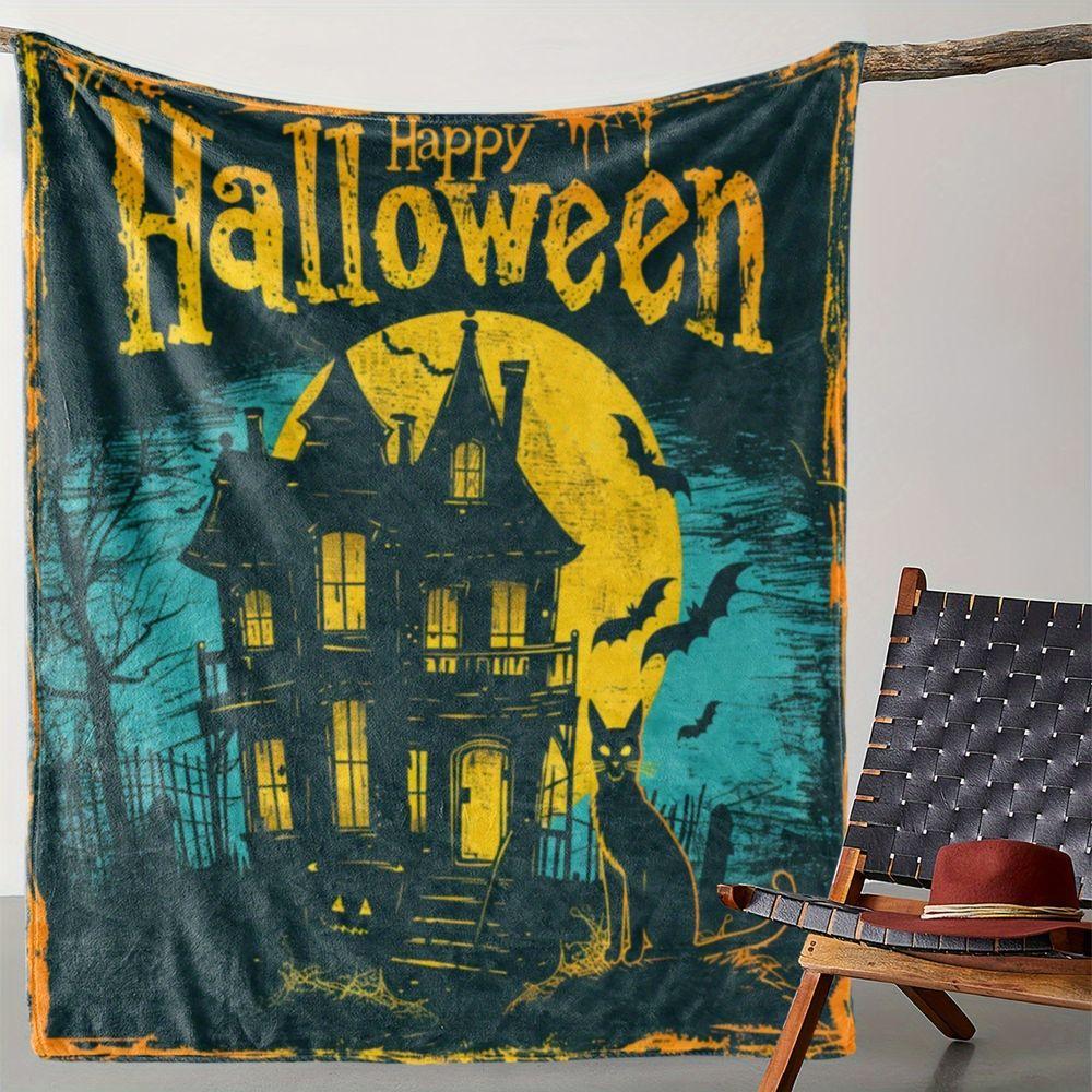 Vintage Haunted House Castle Moon Flannel Throw Blanket Soft Fleece Bed Cover,Halloween Party Decor Gift Comfortable Home Bedroom Sofa Bedding