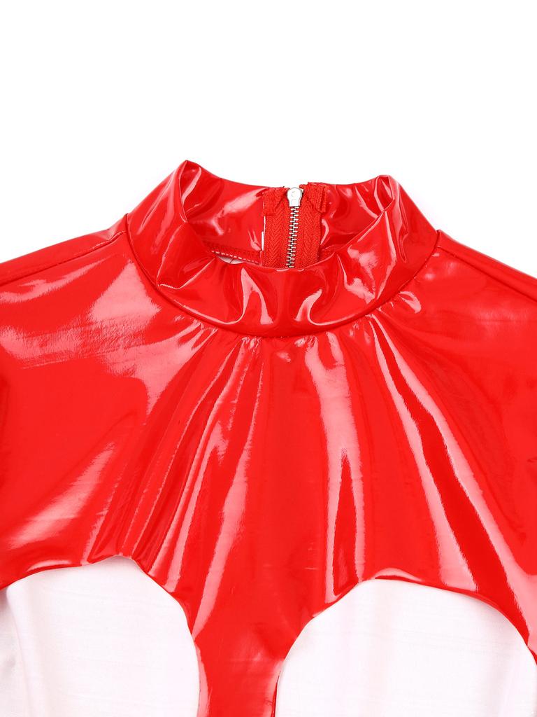 Women's Wetlook Patent Leather Mock Neck Long Sleeve Hollow Out Crop Tops Clubwear