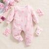 1-9 Months Baby Girl Lovely Bowknot Full Print Romper Casual Long Sleeve Jumpsuit