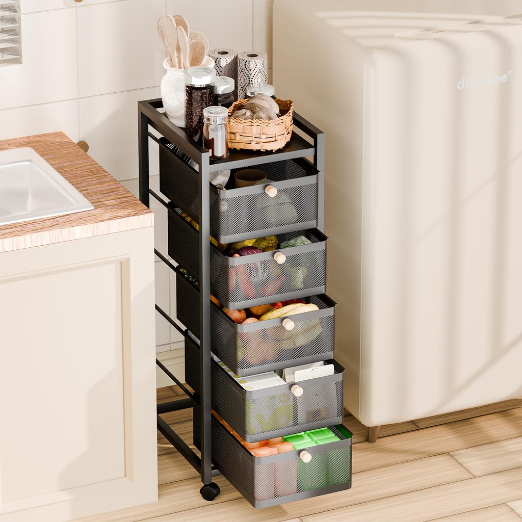 6 Tiers Kitchen Metal Storage Rack Vegetable Fruit Storage Basket Rotatable Storage Shelf Rectangle Large Capacity Rolling Cart