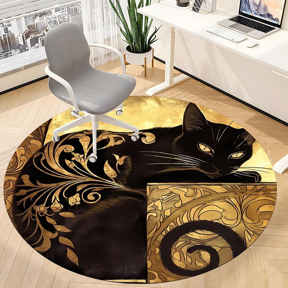 1pc Cat Gold Office Round Area Rug, Under Office Chairs Bedroom Living Room Home Decor, Room Deco, Available in Various Sizes