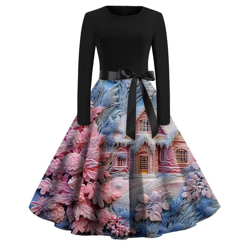 Женское модное повседневное платье приталенного кроя с круглым вырезом, рождественским принтом и длинными рукавами