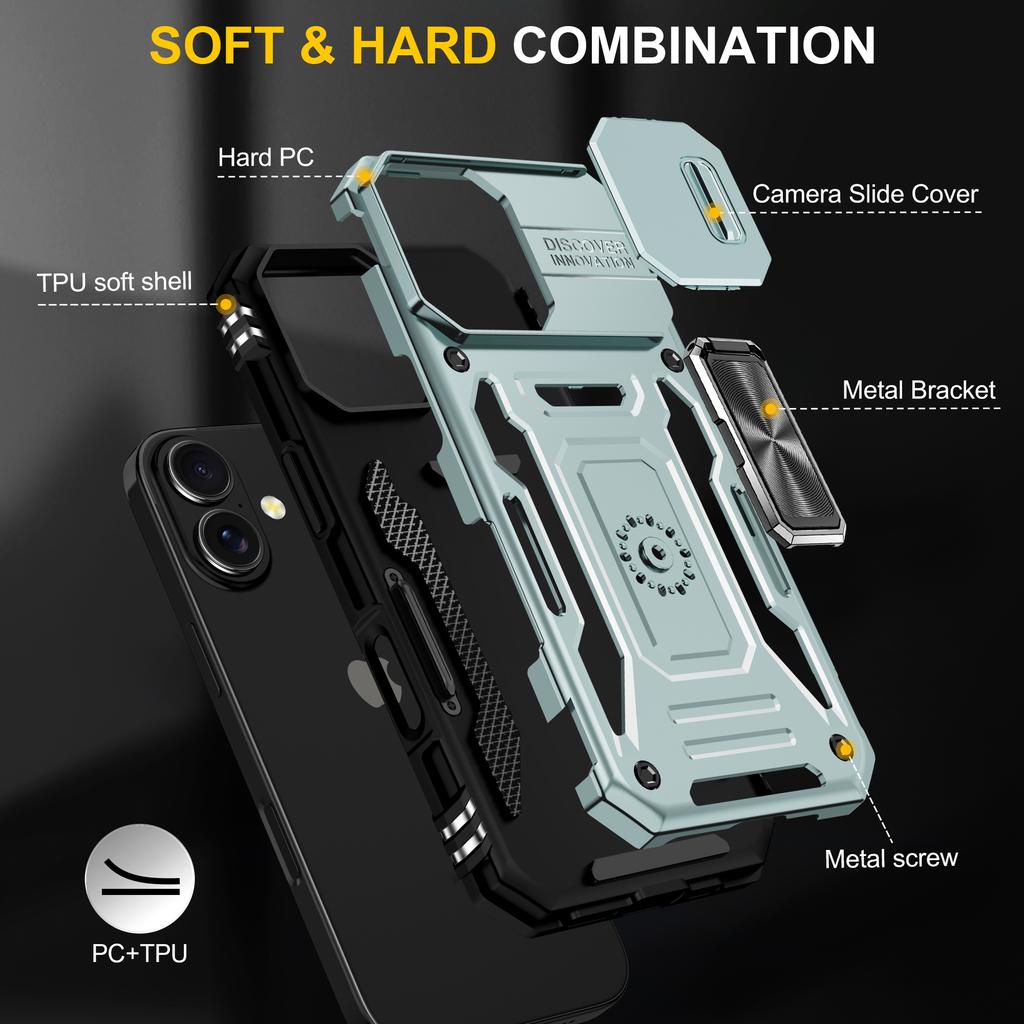 For iPhone 17 Case Kickstand Slide Lens Lid PC+TPU Drop
