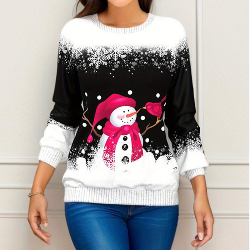 Women's Blouse Round Neck Christmas Print Loose Long Sleeve Top