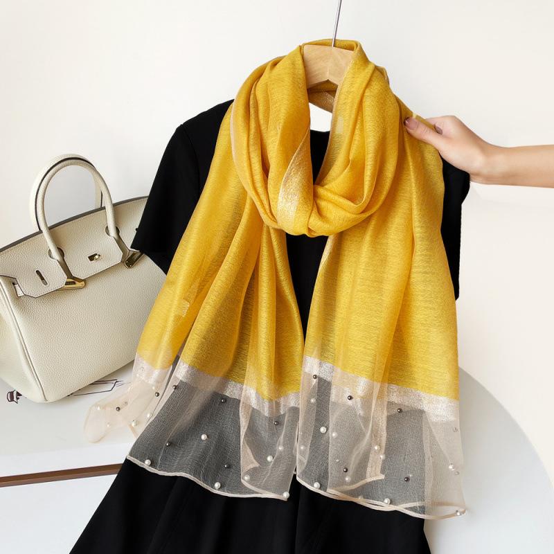 Новый однотонный шелковый шарф с жемчужным узором для женщин на весну и лето, европейский и американский искусственный шелк, тонкая шаль, длинный шарф