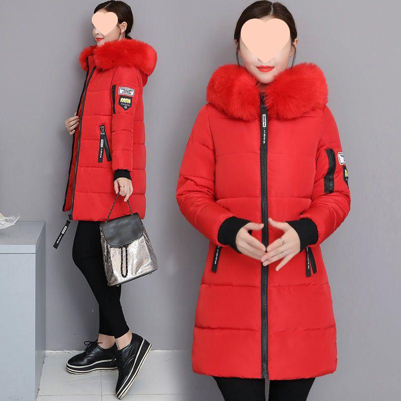 Women's Mid-Length Cotton Jacket, 2025 Korean Style, Mint Mambo, Long Slim Fit with Fur Collar