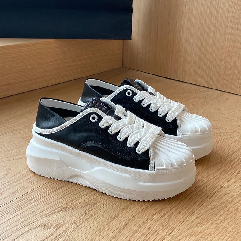 Кожаные маленькие белые туфли на толстой подошве с открытым носком, женская летняя новая повседневная спортивная обувь, тренд