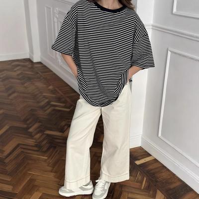 Женские футболки большого размера с коротким рукавом, летние футболки с круглым вырезом и полосками, повседневные модные свободные хлопковые спортивные свитера для женщин