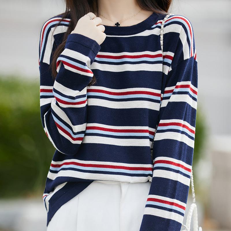 Autumn New Crew Neck Knitted Sweater Long Sleeve Women'S Navy Blue Color Matching Striped Loose Pullover Wool Bottoming Shirt