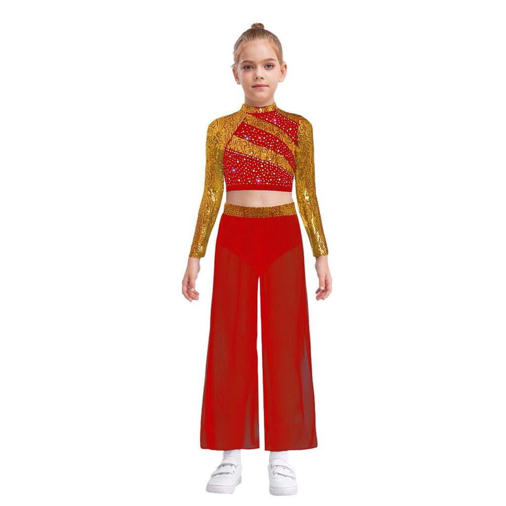 Girls Dance Two Piece Set Mock Neck Long Sleeved Sequins Cutout Back Crop Top with Chiffon Pants