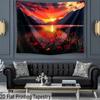 2D Colorful Mountain Sunset Banner, Lake Reflection with Red Floral Foreground
