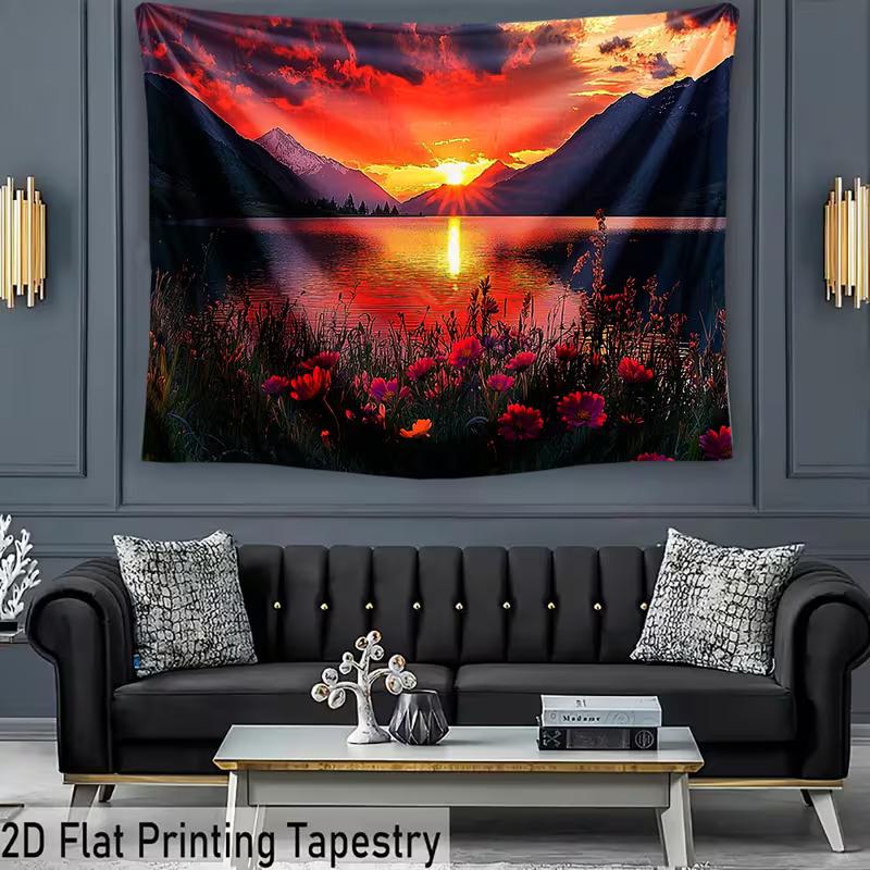 2D Colorful Mountain Sunset Banner, Lake Reflection with Red Floral Foreground