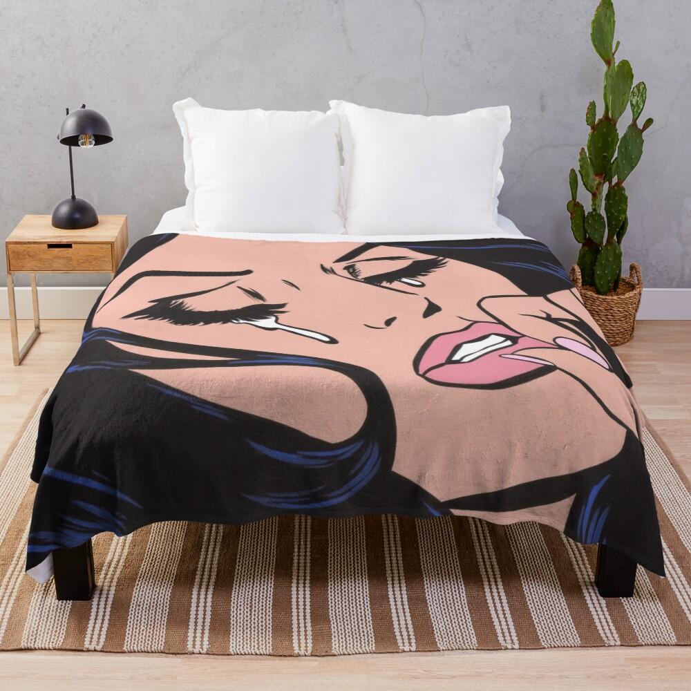 Black Hair Crying Comic Girl Throw Blanket