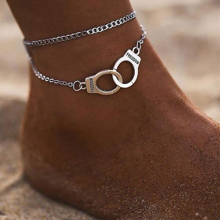 Bohemian Silver Ankle Bracelet with Handcuffs for Women and Girls