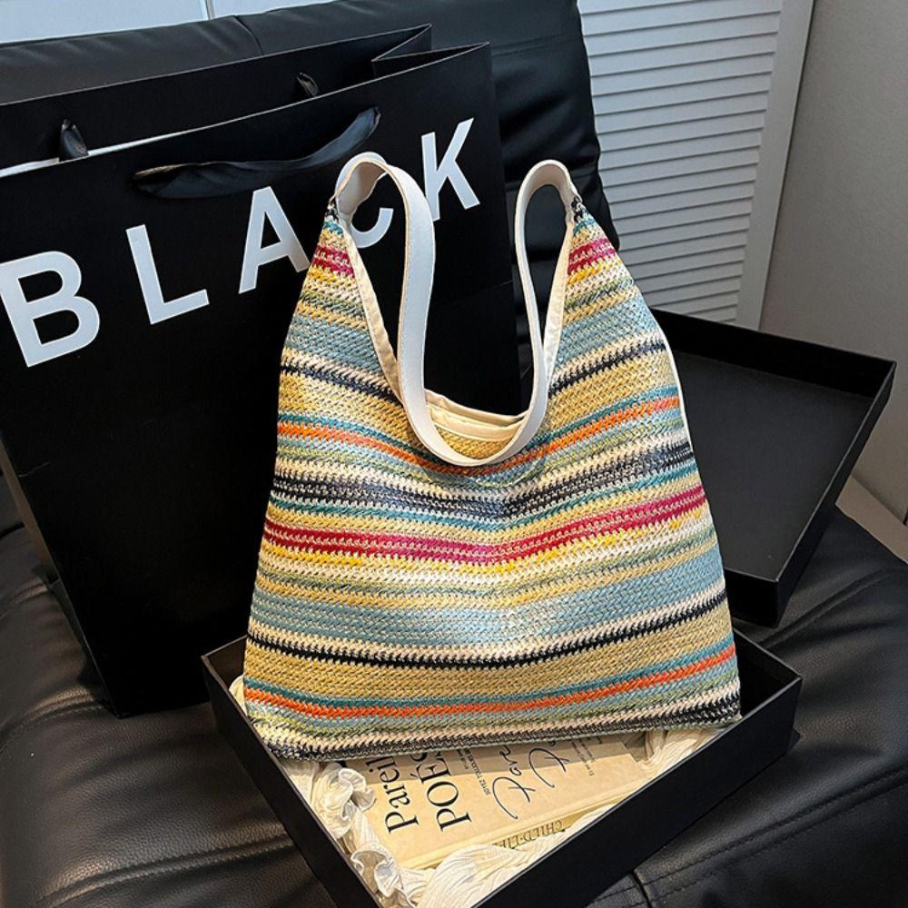 Bohemian Style Rainbow Beach Bag Large Capacity Hollow Tote Bag Fashion Weave Straw Bag Travel