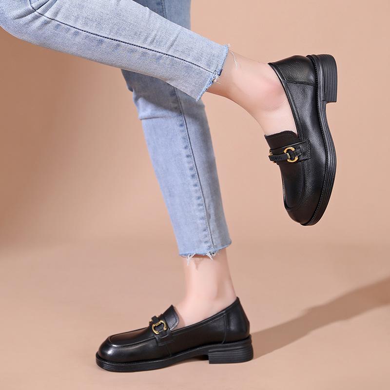 Мокасины из натуральной кожи с круглым носком, весенне-осенний женский толстый каблук, универсальные кожаные туфли большого размера, повседневная женская обувь в британском стиле