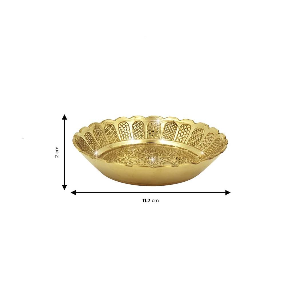 Handmade Brass Puja Thali with Floral Embossed Design | Bhog Plate for Pooja Mandir | Puja Essentials for Home Mandir – 4.41 Inch