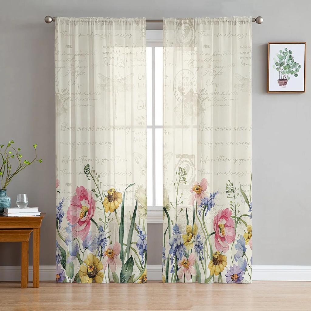 Retro Floral Wildflowers Transparent Curtains for Bed Chamber Living Room Decoration Window Panel Curtain Perfect for Cooking Area Netting Voile